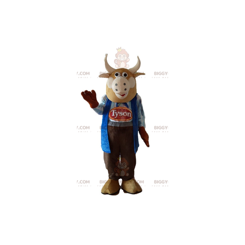 BIGGYMONKEY™ Brown Bull Cow maskotkostume klædt ud som landmand BIGGYMONKEY™ Brown Bull Cow maskotkostume klædt ud som landmand