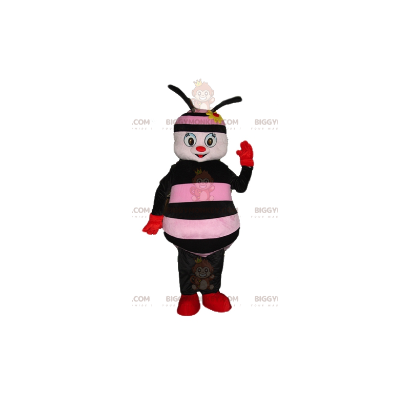 BIGGYMONKEY™ Mascot Costume Pink and Black Bee with Flower on BIGGYMONKEY™ Mascot Costume Pink and Black Bee with Flower on