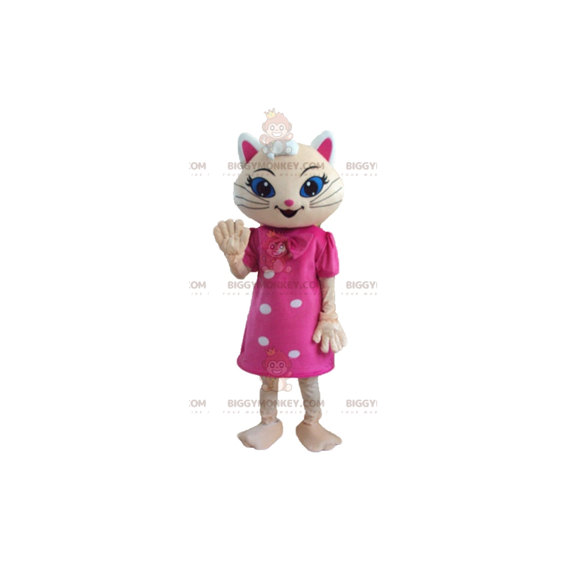 Costume de mascotte BIGGYMONKEY™ de chat beige avec une robe Costume de mascotte BIGGYMONKEY™ de chat beige avec une robe
