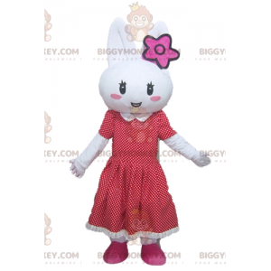 BIGGYMONKEY™ White Rabbit Mascot Costume With Red Polka Dot