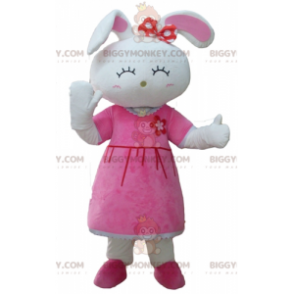 BIGGYMONKEY™ maskotkostume af sød hvid kanin klædt i lyserød