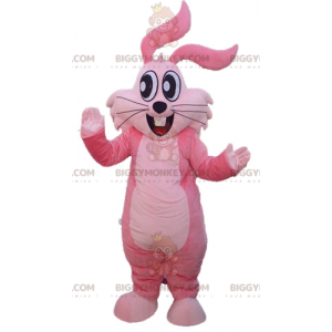 Traje de mascote de coelho rosa gigante alegre e sorridente