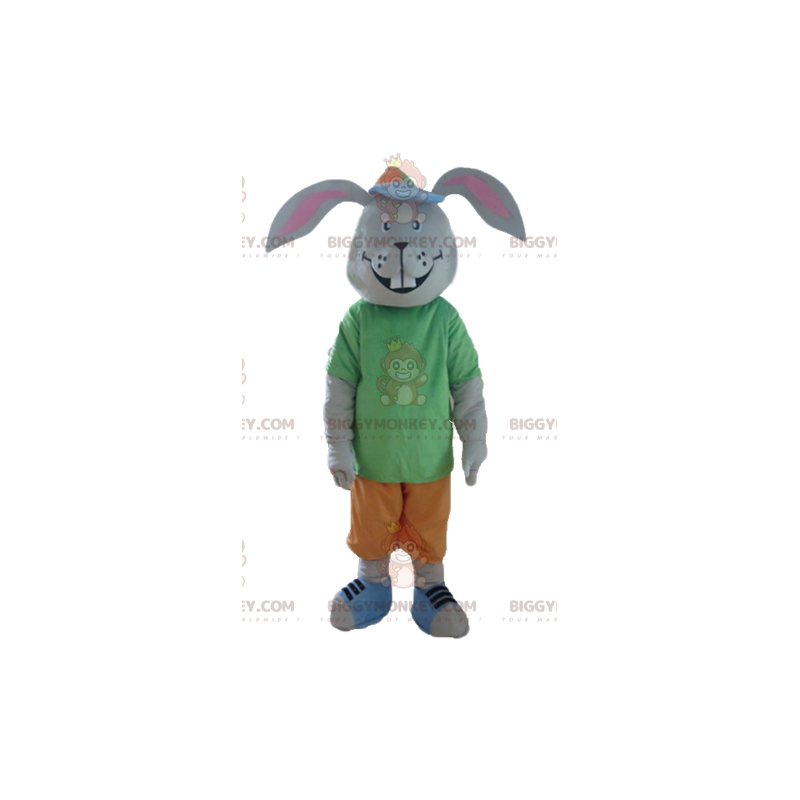 Hymyilevä harmaa kani BIGGYMONKEY™ maskottiasu värikkäällä Hymyilevä harmaa kani BIGGYMONKEY™ maskottiasu värikkäällä
