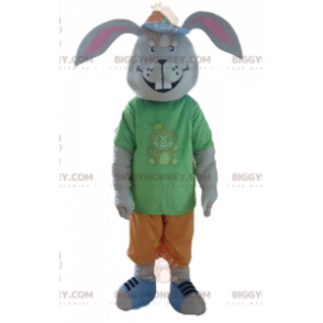 Lächelndes graues Kaninchen BIGGYMONKEY™ Maskottchenkostüm mit buntem Outfit - Kaninchen Maskottchen - BiggyMonkey.com