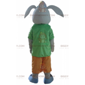 Lächelndes graues Kaninchen BIGGYMONKEY™ Maskottchenkostüm mit buntem Outfit - Kaninchen Maskottchen - BiggyMonkey.com