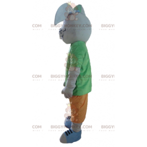 Lächelndes graues Kaninchen BIGGYMONKEY™ Maskottchenkostüm mit buntem Outfit - Kaninchen Maskottchen - BiggyMonkey.com