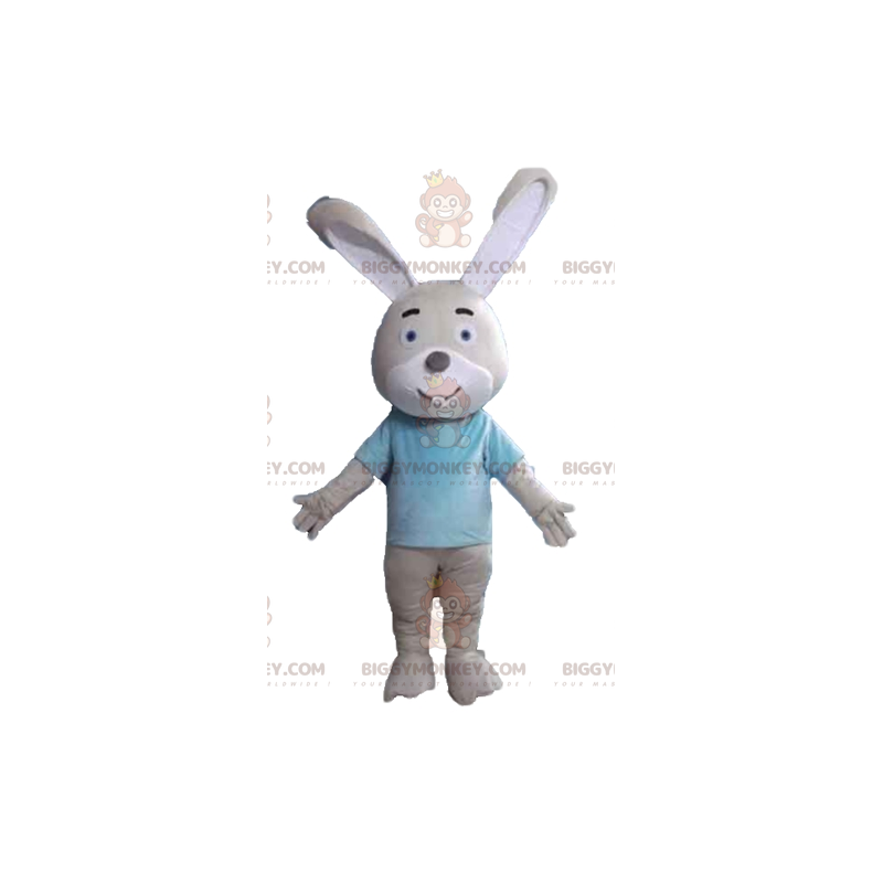BIGGYMONKEY™ maskot kostume beige og hvid kanin med blå t-shirt BIGGYMONKEY™ maskot kostume beige og hvid kanin med blå t-shirt