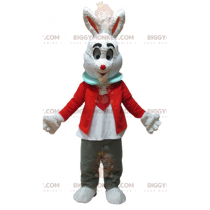 Hvid kanin BIGGYMONKEY™ maskotkostume med rød jakke og grå