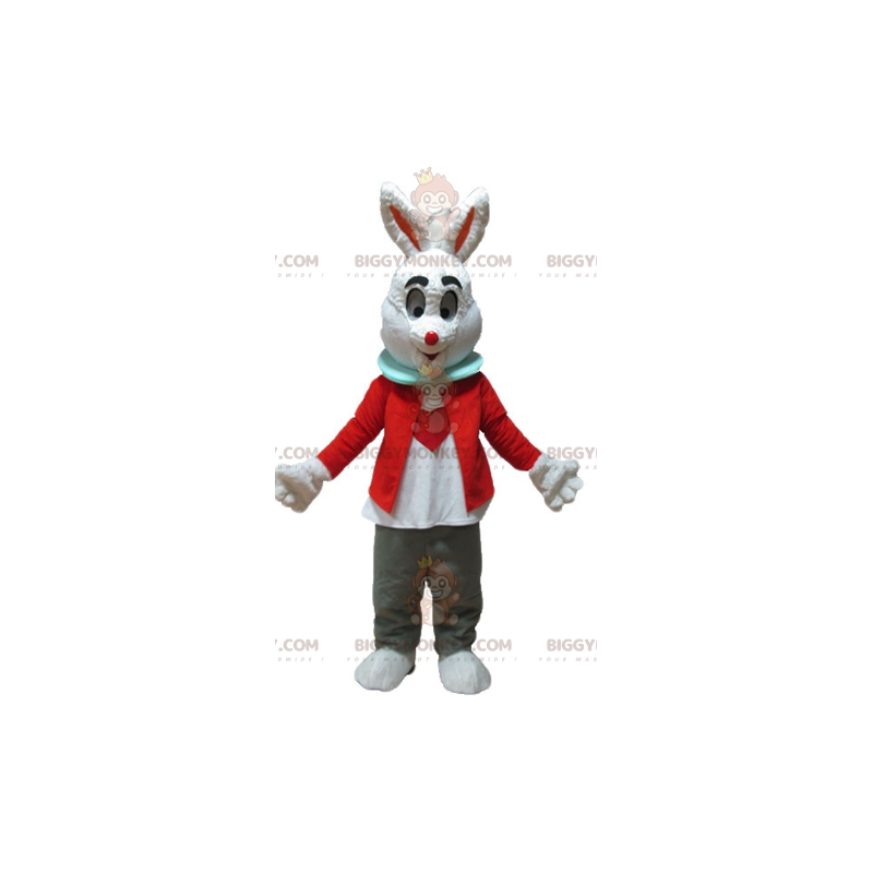 Wit konijn BIGGYMONKEY™ mascottekostuum met rood jasje en Wit konijn BIGGYMONKEY™ mascottekostuum met rood jasje en