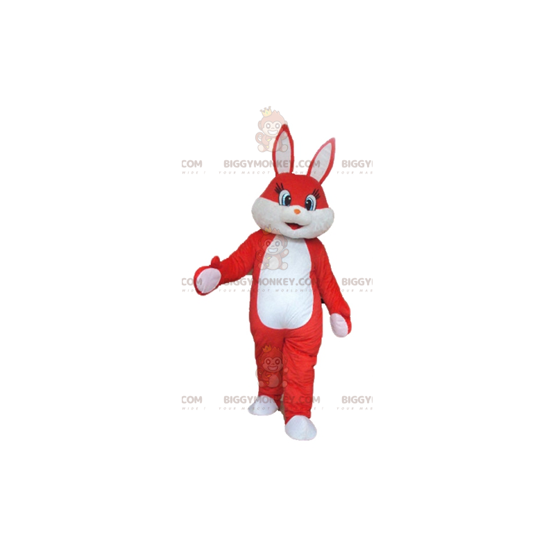 Traje de mascote de coelho vermelho e branco muito macio e fofo