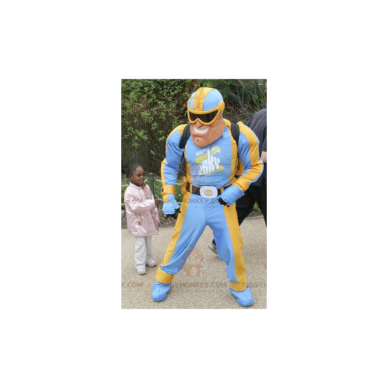 Costume de mascotte BIGGYMONKEY™ de super-héros en tenue bleue Costume de mascotte BIGGYMONKEY™ de super-héros en tenue bleue