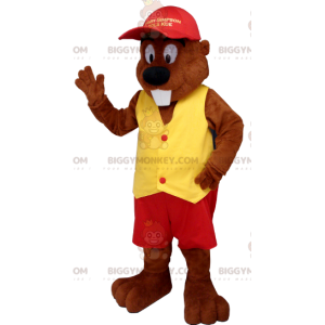 BIGGYMONKEY™ Beaver Mascot Costume Dressed in Red and Yellow -