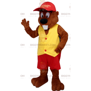 BIGGYMONKEY™ Bävermaskotdräkt klädd i rött och gult -