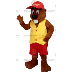Kostým maskota BIGGYMONKEY™ Beaver v červené a žluté barvě –
