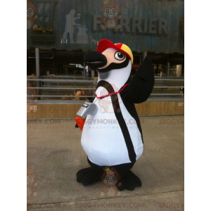 Černobílý kostým tučňáka BIGGYMONKEY™ maskota s čepicí –