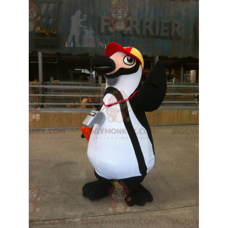 Disfraz de mascota pingüino blanco y negro BIGGYMONKEY™ con Disfraz de mascota pingüino blanco y negro BIGGYMONKEY™ con