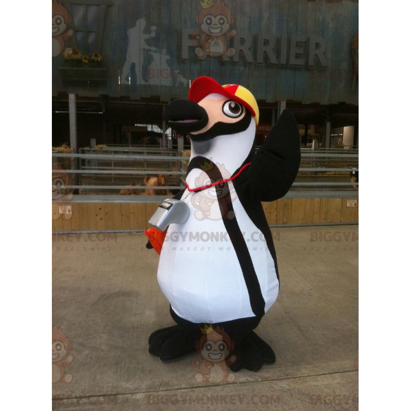 Sort og hvid pingvin BIGGYMONKEY™ maskotkostume med kasket -