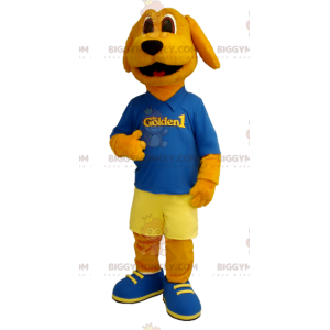 Oranžový kostým maskota psa BIGGYMONKEY™ v modré a žluté barvě