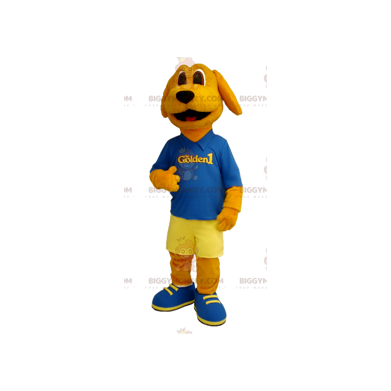 Orange hund BIGGYMONKEY™ maskotkostume klædt i blåt og gult -