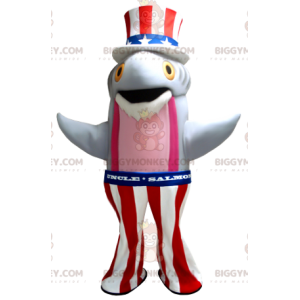 Grå och rosa fisklax BIGGYMONKEY™ maskotdräkt i amerikansk