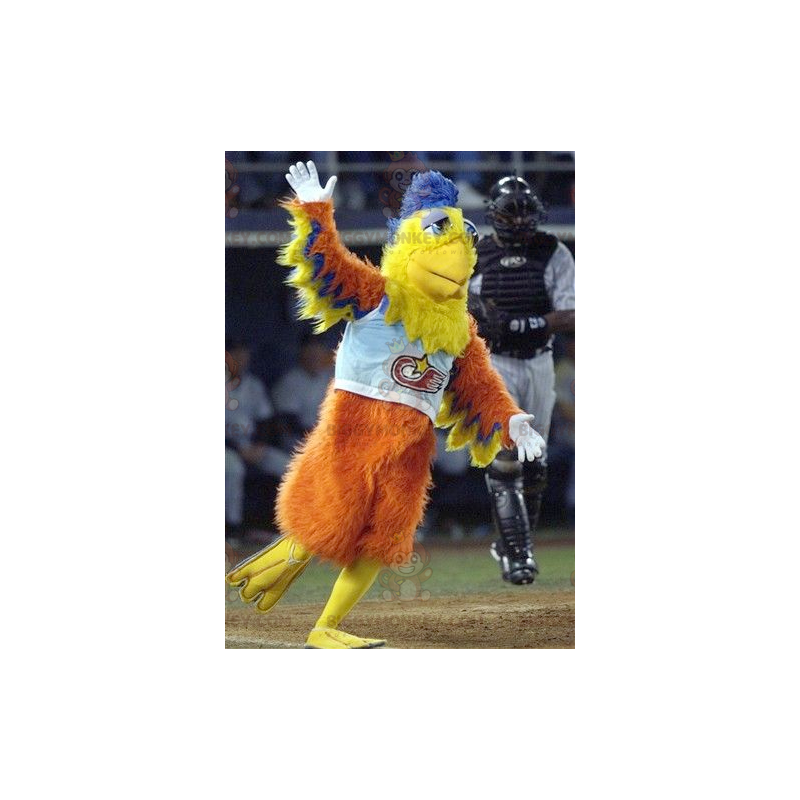 Costume de mascotte BIGGYMONKEY™ d'oiseau orange jaune et bleu Costume de mascotte BIGGYMONKEY™ d'oiseau orange jaune et bleu