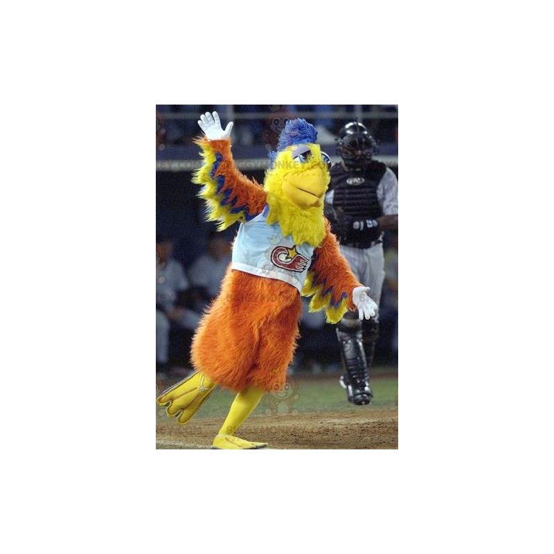 Kostým maskota oranžově žlutého a modrého ptáka BIGGYMONKEY™ –