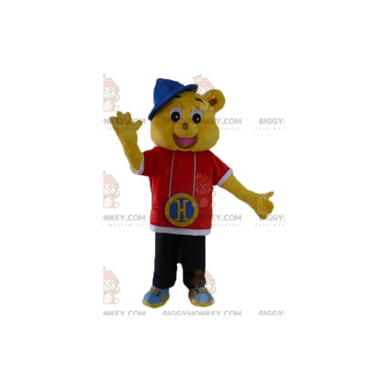 Fantasia de mascote do Urso Amarelo BIGGYMONKEY™ vestida com Fantasia de mascote do Urso Amarelo BIGGYMONKEY™ vestida com