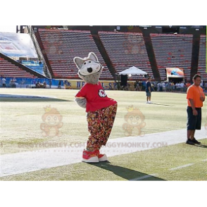 BIGGYMONKEY™ Gray Wolf Mascot Costume with Flower Pants and Red