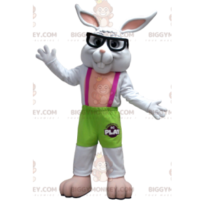 BIGGYMONKEY™ Maskottchenkostüm mit grünem und rosafarbenem Kaninchen und Brille