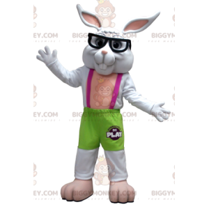 Στολή μασκότ BIGGYMONKEY™ με πράσινο και ροζ λευκό κουνέλι με