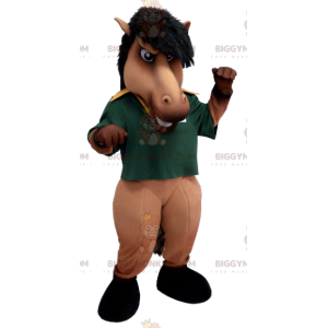 Brown and Black Horse BIGGYMONKEY™ Mascot Costume with Green