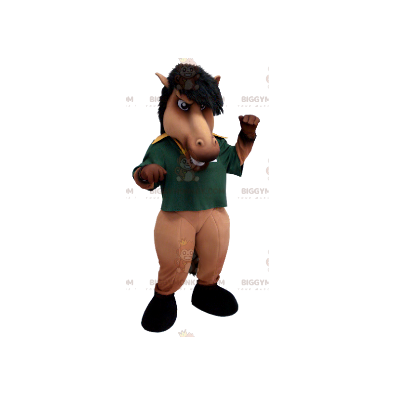 Brown and Black Horse BIGGYMONKEY™ Mascot Costume with Green