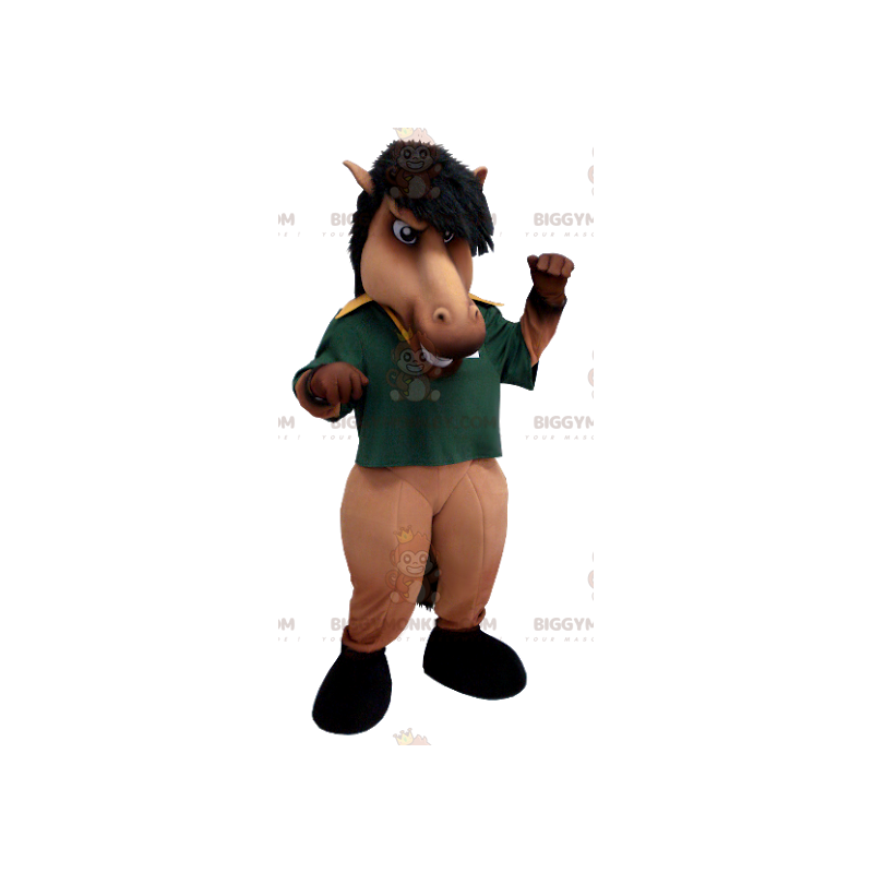 Brown and Black Horse BIGGYMONKEY™ Mascot Costume with Green Brown and Black Horse BIGGYMONKEY™ Mascot Costume with Green