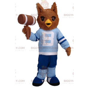 BIGGYMONKEY™ maskotdräkt av brun uggla i blå outfit -