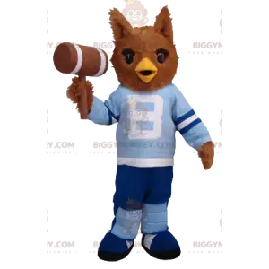 Kostým BIGGYMONKEY™ maskota hnědé sovy v modrém outfitu –