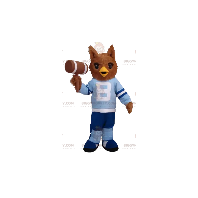 Kostým BIGGYMONKEY™ maskota hnědé sovy v modrém outfitu – Kostým BIGGYMONKEY™ maskota hnědé sovy v modrém outfitu –