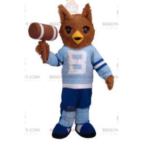 BIGGYMONKEY™ maskotdräkt av brun uggla i blå outfit -