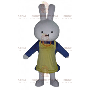 Traje de mascote de coelho branco BIGGYMONKEY™ vestido de azul