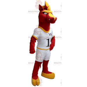 BIGGYMONKEY™ maskotkostume rød og gul hest i hvidt outfit -