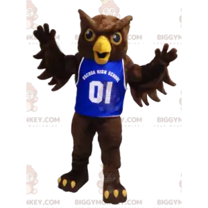 Bruine uil BIGGYMONKEY™ mascottekostuum met blauw shirt -
