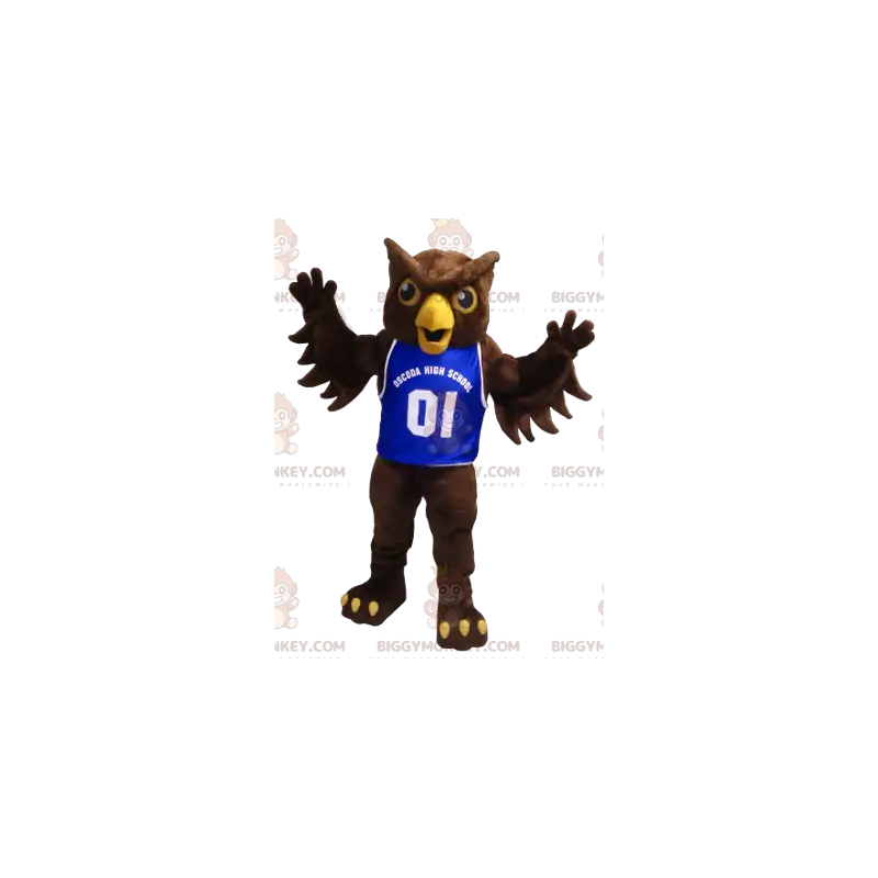 Bruine uil BIGGYMONKEY™ mascottekostuum met blauw shirt -