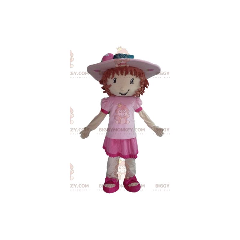 Fato de mascote rosa de menina famosa de bolo de morango