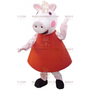 BIGGYMONKEY™ Maskottchenkostüm Rosa Schwein im roten Kleid -