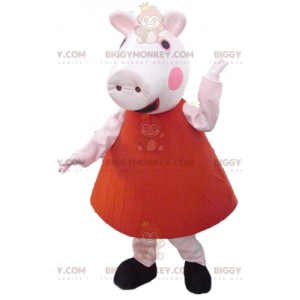 Traje de mascote BIGGYMONKEY™ Porco rosa com vestido vermelho –