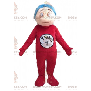 Boy BIGGYMONKEY™ Mascot Costume in Red Jumpsuit and Blue Hair -