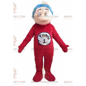 Dreng BIGGYMONKEY™ maskotkostume i rød jumpsuit og blåt hår -
