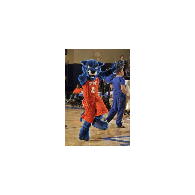 Blue Panther Mascot Costume BIGGYMONKEY™ in Orange Sportswear - Blue Panther Mascot Costume BIGGYMONKEY™ in Orange Sportswear -
