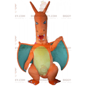 Costume da mascotte gigante arancione verde e giallo drago