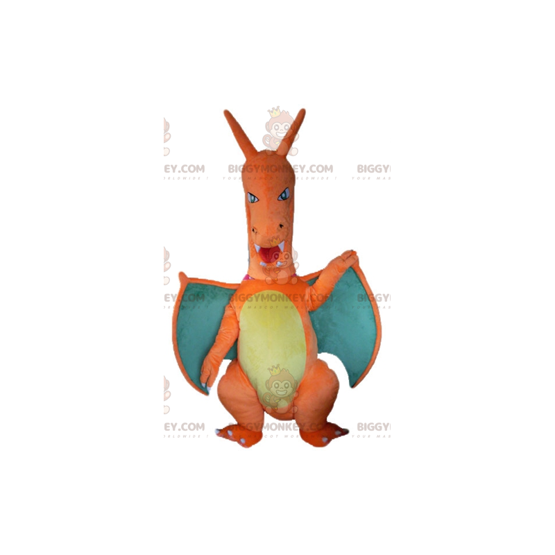 Costume de mascotte BIGGYMONKEY™ de dragon orange vert et jaune Costume de mascotte BIGGYMONKEY™ de dragon orange vert et jaune