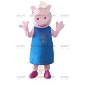 BIGGYMONKEY™ Maskottchenkostüm Rosa Schwein mit blauem Kleid -